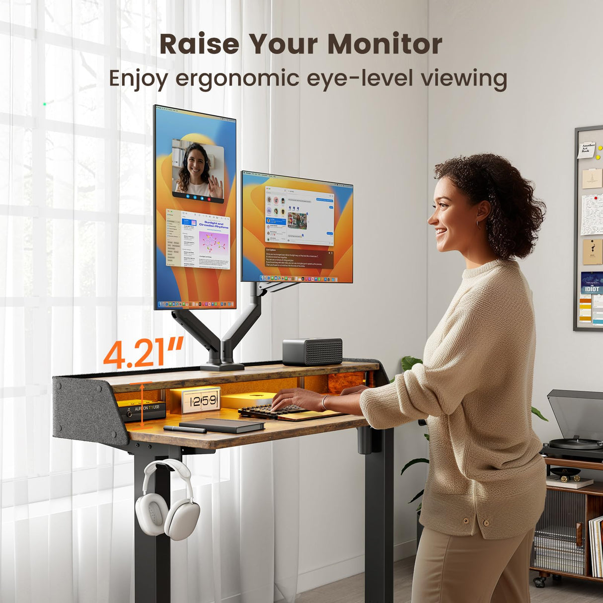 ErGear Standing Desk with LED Strip, 55″ x 28″ Electric Height Adjustable RGB Gaming Desk with Shelf, Sit Stand Desk with Dual Cable Holes, C-Clamp Mount Compatible, 4 Preset Heights, Vintage Brown ErGear