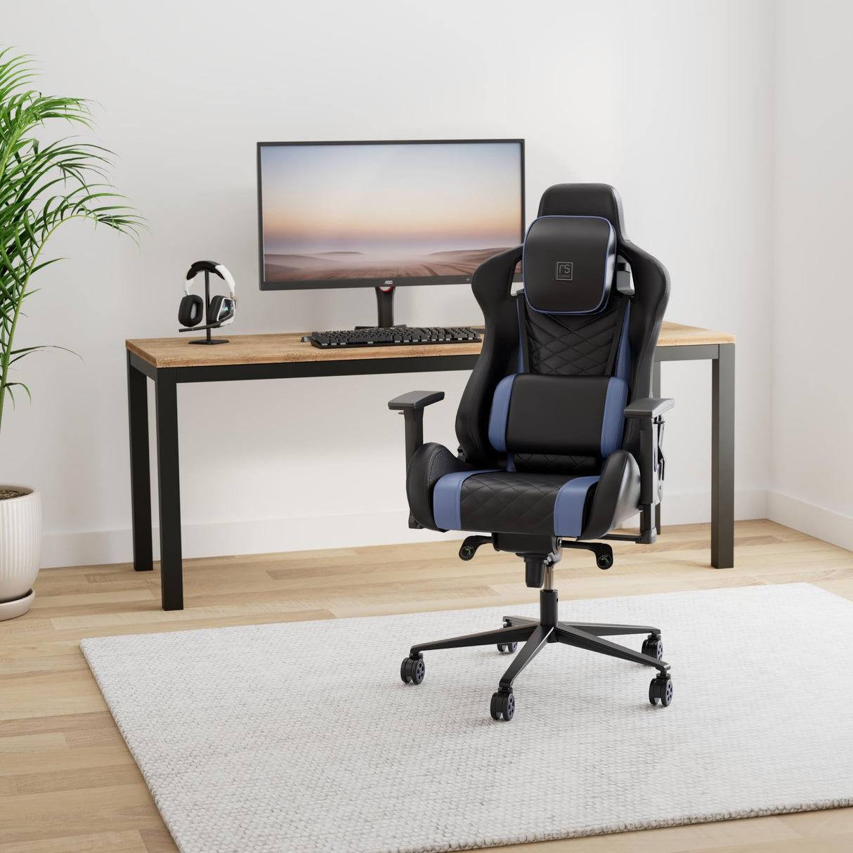 RS Gaming™ Davanti Vegan Leather High-Back Gaming Office Chair, Black/Blue, BIFMA Compliant Realspace