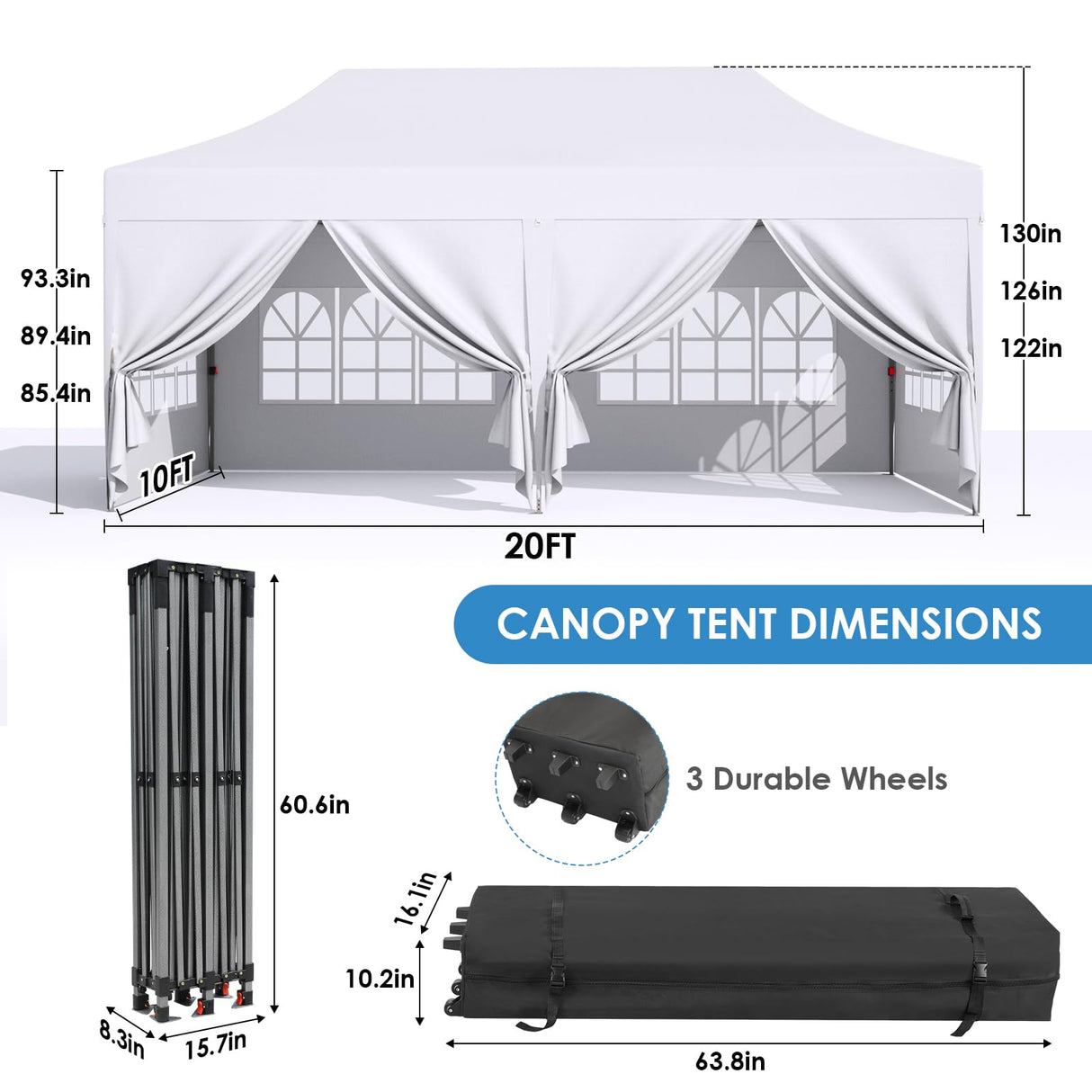 MAMIZO 10x20ft Pop up Canopy Tent w/6 Sidewalls, Heavy Duty Wedding Party Tent, Height Adjustable Large Commercial Gazebo, Instant Sun Protection Shelter W/Upgraded 3 Raised Roofs, Wheeled Bag (White) MAMIZO
