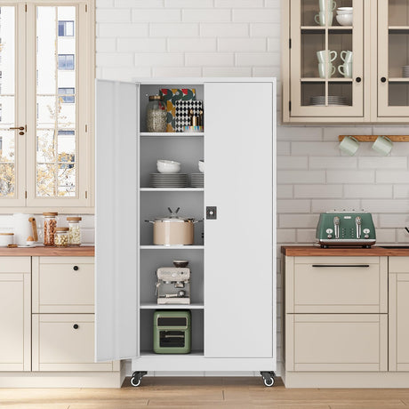 Fesbos Metal Rolling Storage Cabinet-74.6” Tall Steel File Cabinets with Wheels Lockable Doors and Adjustable Shelves-White Steel Storage Cabinet for Home, School, Office, Garage Fesbos