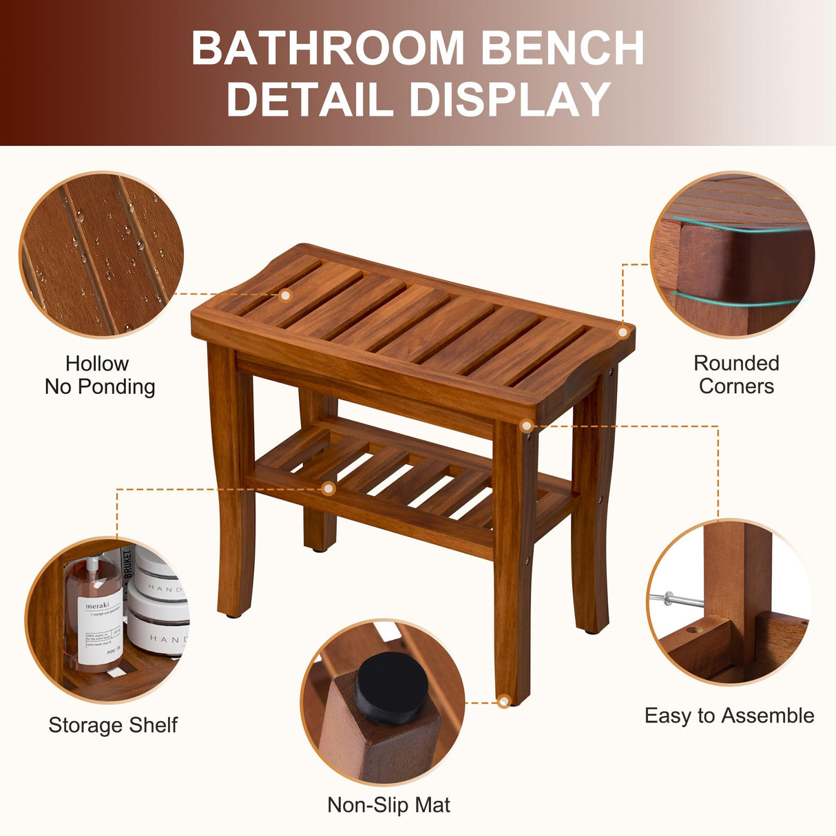 Teak Shower Bench Stool with Storage Shelf, Waterproof Shower Chair Spa Bath Seat, Shower Stool for Inside Shower, Bathroom Bench Seat for Adults Elderly Seniors for Indoor or Outdoor Use oridom