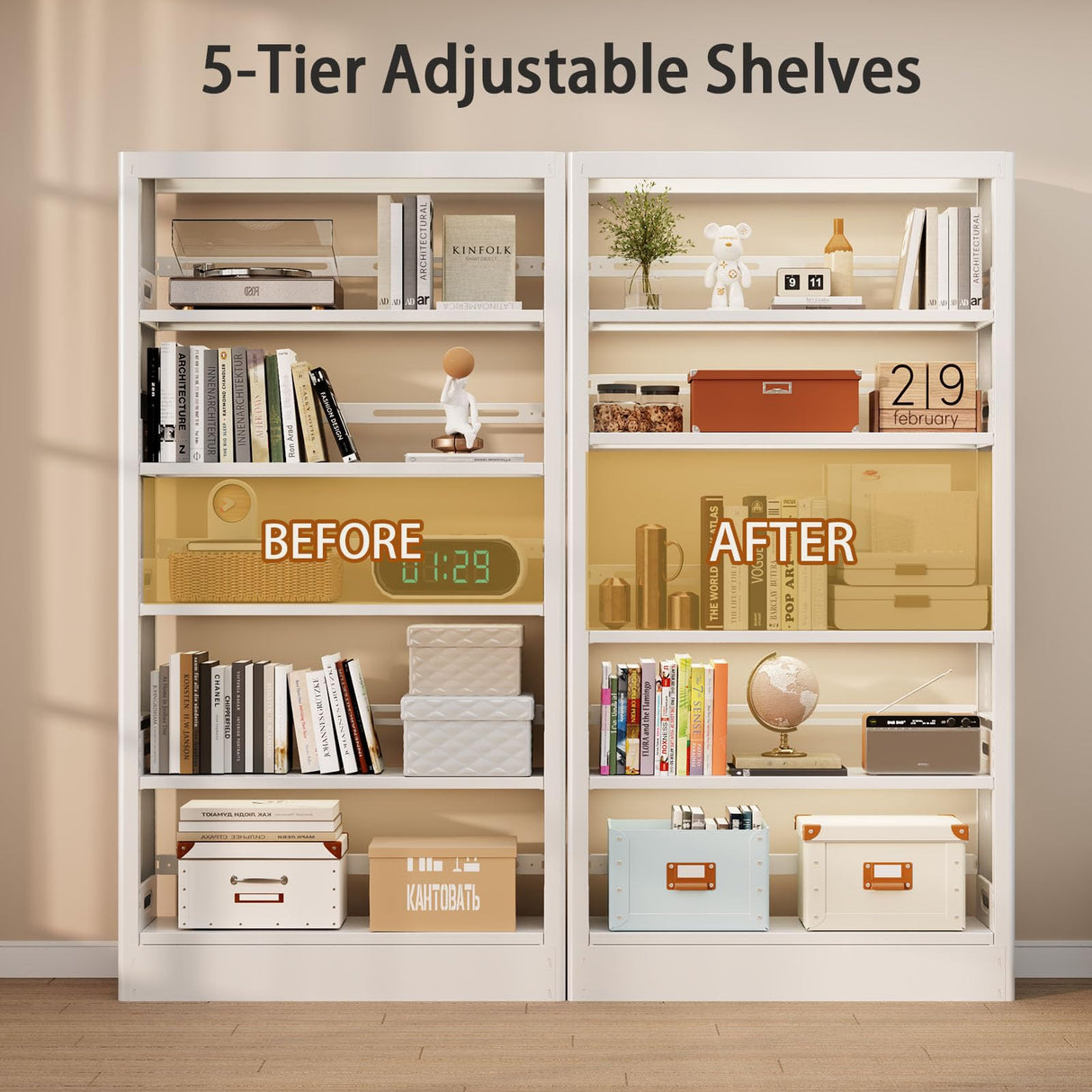 Guomao 5 Tier White Metal Bookshelf, 71" H Bookcase with Adjustable Shelves, Heavy Duty Storage Bookshelves Tall Bookcase for Library, Office, Living Room, Classroom, Including Book Stopper(White) Guomao