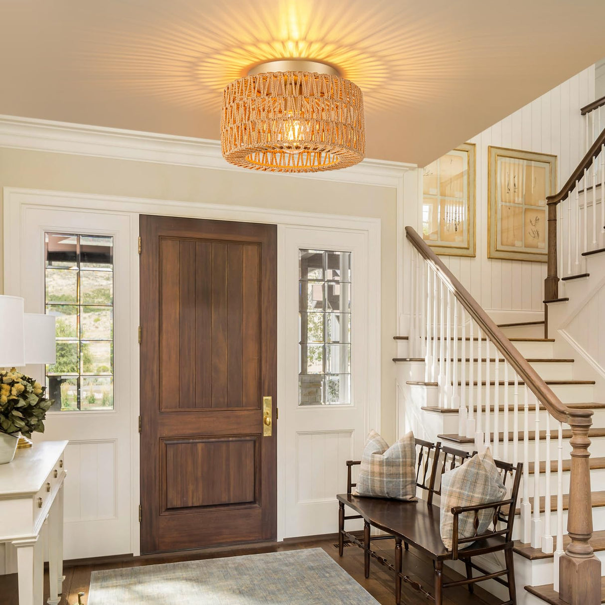 SineRise Rattan Ceiling Light Fixtures (12-Inch, LED Bulb Included), Hand-Woven Boho Flush Mount Ceiling Light, Rattan Chandelier for Hallway Kitchen Farmhouse Foyer Entryway Living Room(Gold) SineRise