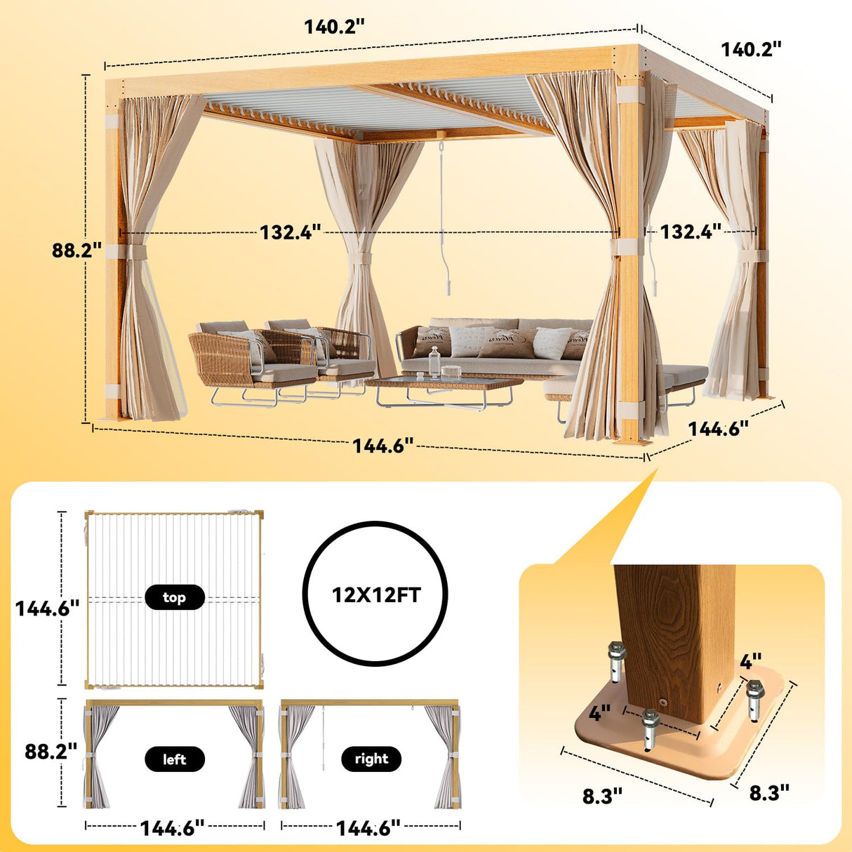 UPHYB Louvered Pergola 12x12ft, Adjustable Aluminum Pergola with Waterproof Curtains and Nets, Sun & Rain Shade for Patio, Modern DIY Outdoor Living Upgrade, Woodgrain UPHYB