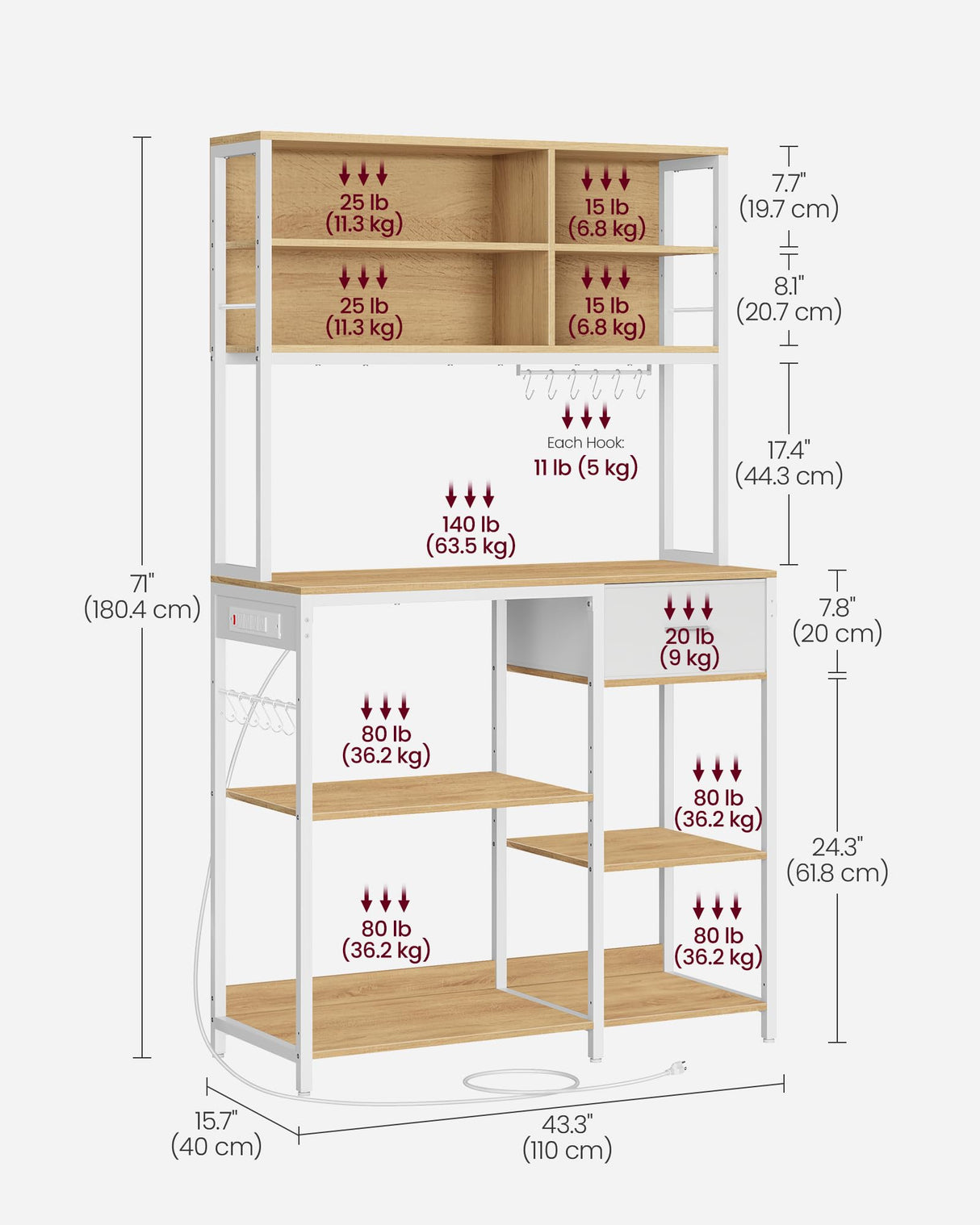 VASAGLE Bakers Rack with Charging Station, Coffee Bar Stand with Adjustable Storage Shelves, Fabric Drawer, 12 Hooks, Table for Microwave, Kitchen, Gold Oak and Cloud White UKKS028Y09 VASAGLE