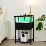 LOAKEKEL Night Stand Set 2, LED Nightstand with Charging Station, End Tables with Fabric Drawer for Small Spaces, Bedside Table with Storage Shelf for Bedroom, Black, HETS01BK LOAKEKEL