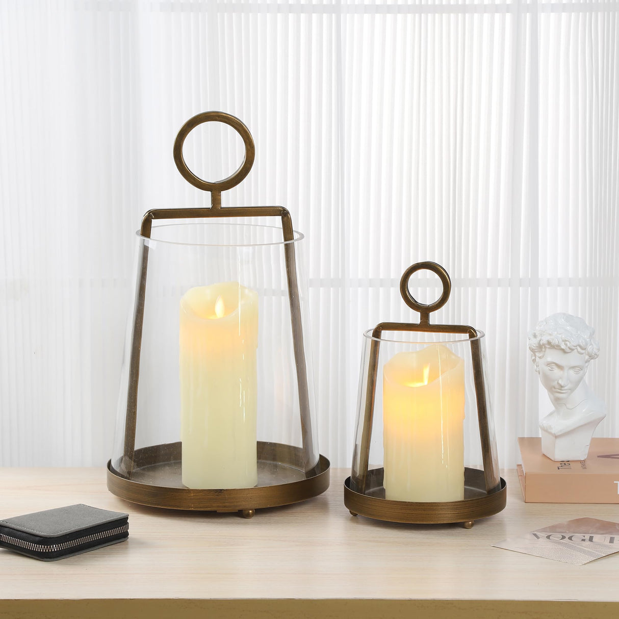 6" Wide Modern Farmhouse Metal Hurricane Candle Holder with Handmade Sturdy Glass Sleeve in Antique Brass for Pillar Candle & Plants, Hurricane Lantern, Industrial, Minimalistic (1, Brass, 6"x10") twakutwaku