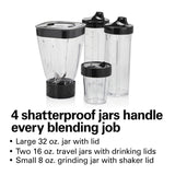 Hamilton Beach MultiBlend Smoothie Blender with 4 Shatterproof BPA Free Jars and Lids; Large 32oz Jar, 8oz Grinder for Nuts & Spices, and 2 Portable Travel Cups, 650 Watts, Black and Stainless (52400) Hamilton Beach