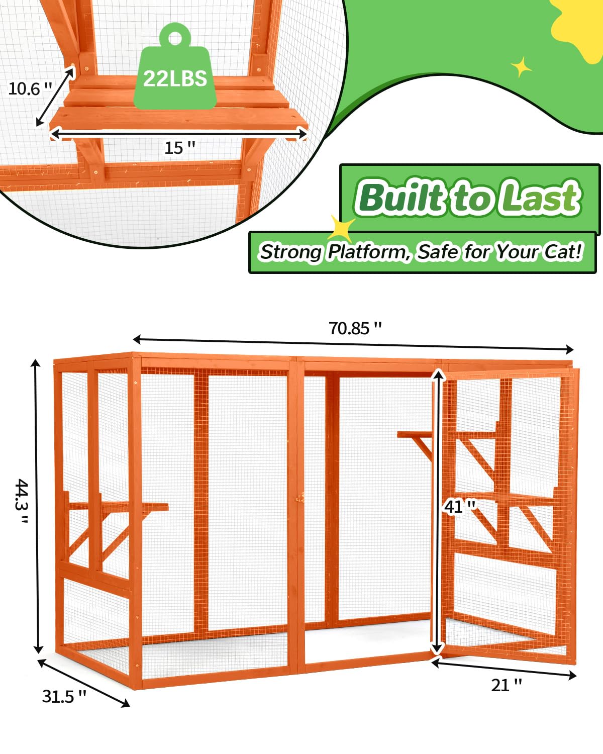 Catio Outdoor Cat Enclosure,71" L Outside Cat House Weatherproof, Wooden Catios for Cats Patio, Cat Houses with 3 Platforms (Orange-Red, Large)