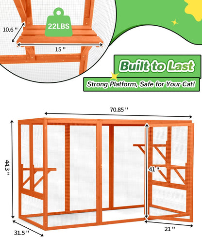 Catio Outdoor Cat Enclosure,71" L Outside Cat House Weatherproof, Wooden Catios for Cats Patio, Cat Houses with 3 Platforms (Orange-Red, Large)