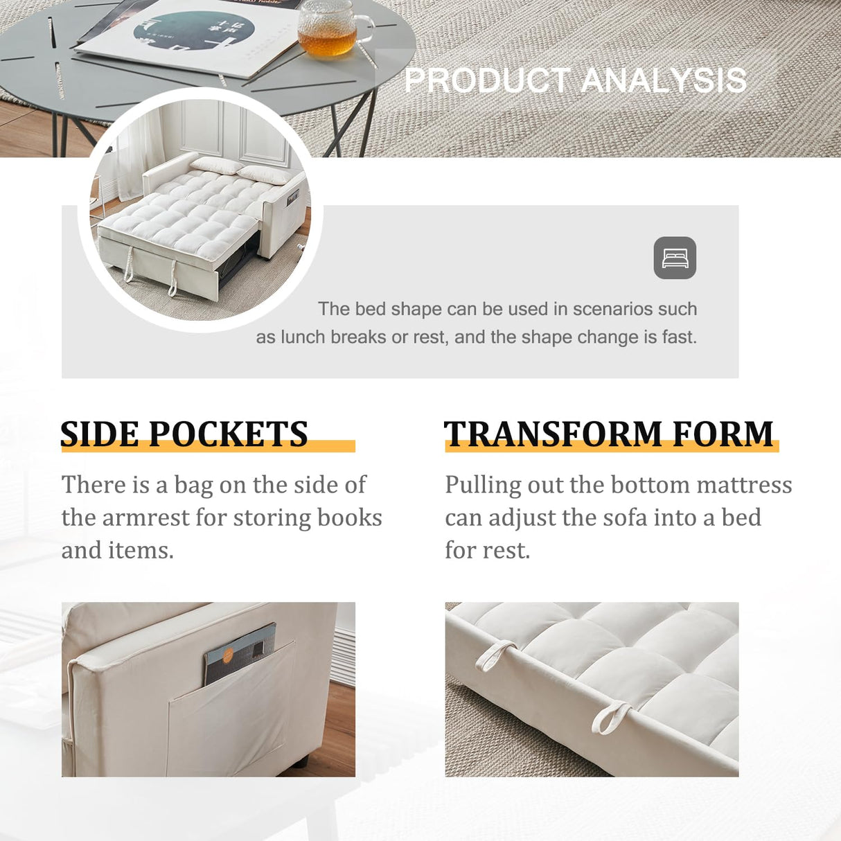 FENFSHE Futon Sofa Bed, Modern Velvet 3 in 1 Convertible Sleeper Sofa Couch Bed, Pullout Couch Bed with Adjustable Backrest, Storage Pockets and Toss Pillows for Living Room, Bedroom (Beige) FENFSHE