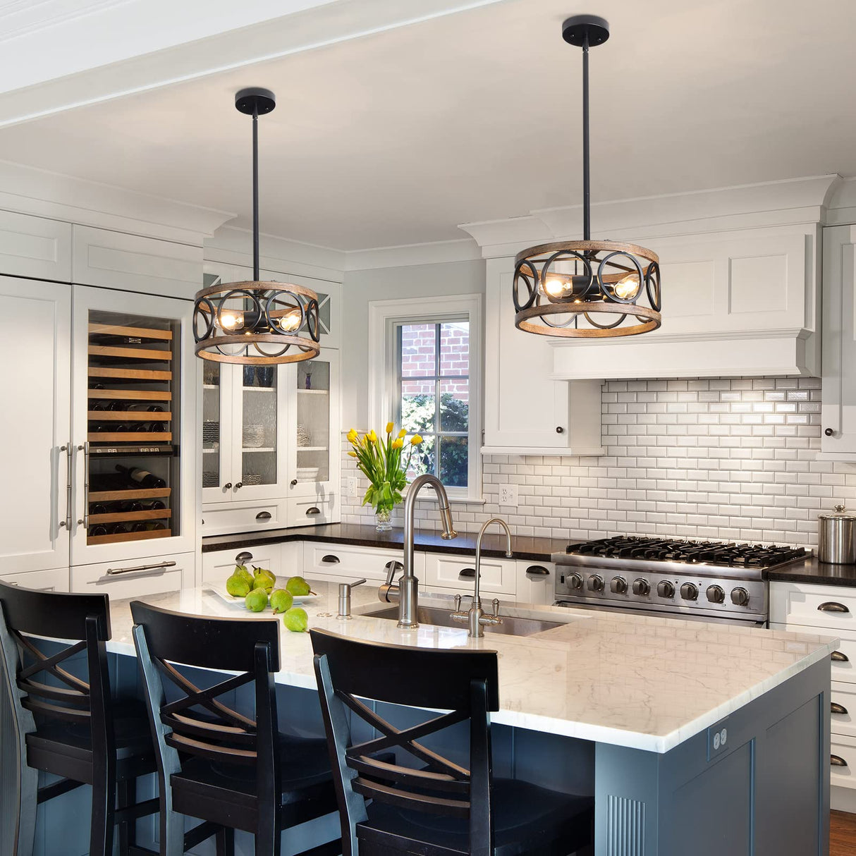 Galtlap Semi Flush Mount Ceiling Light, 3-Lights Modern Farmhouse Ceiling Lighting Fixture, Vintage Close to Ceiling Light for Kitchen Hallway Foyer Bedroom Black and Wood Grain Finish Galtlap