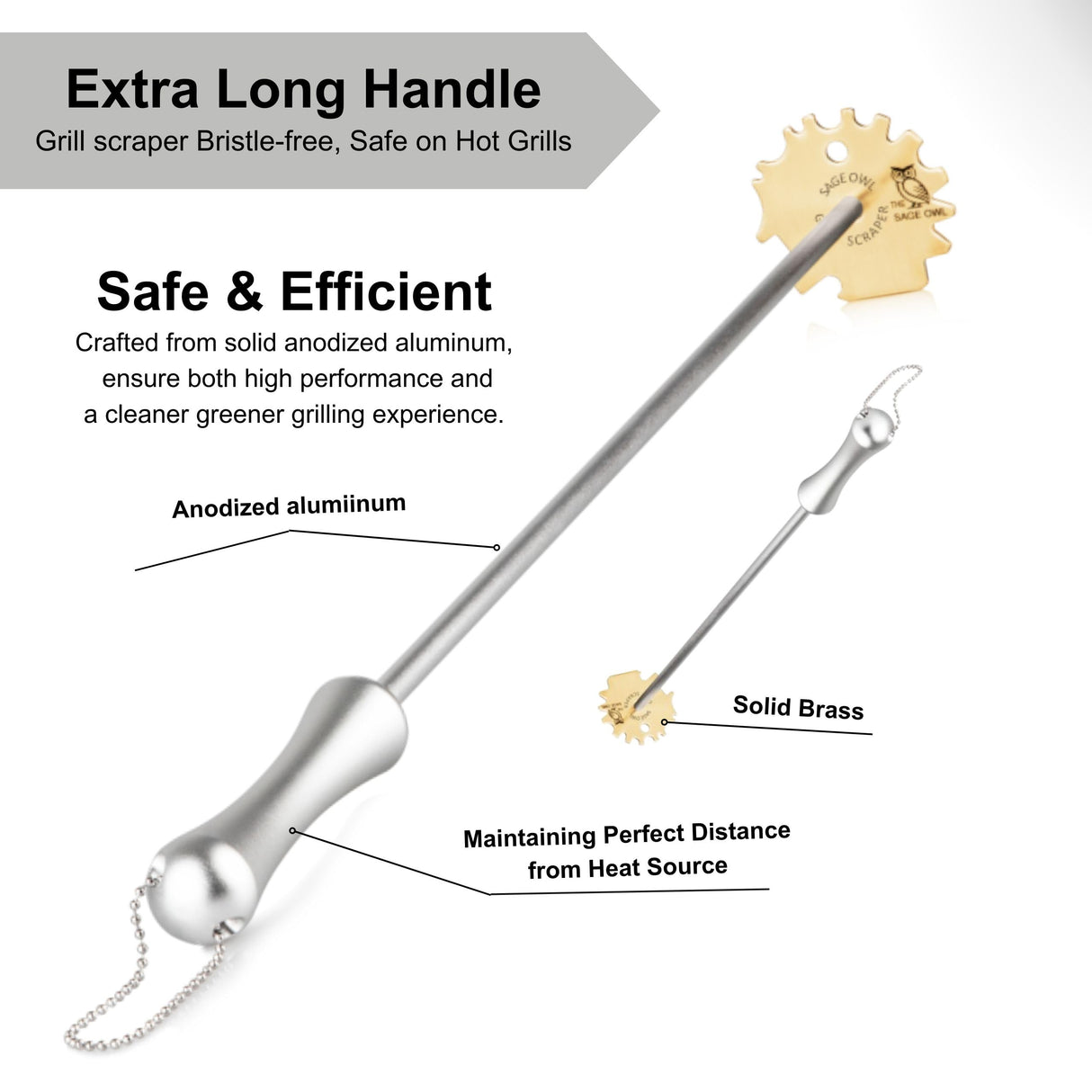 Sage Owl Bristle-Free Brass BBQ Grill Scraper with 17.5” Handle – Safe Universal Grill Cleaner for Outdoor Grills, Porcelain, Grilling Tools, and Kitchen Gadgets - Unique Gifts for Husband Birthday The Sage Owl