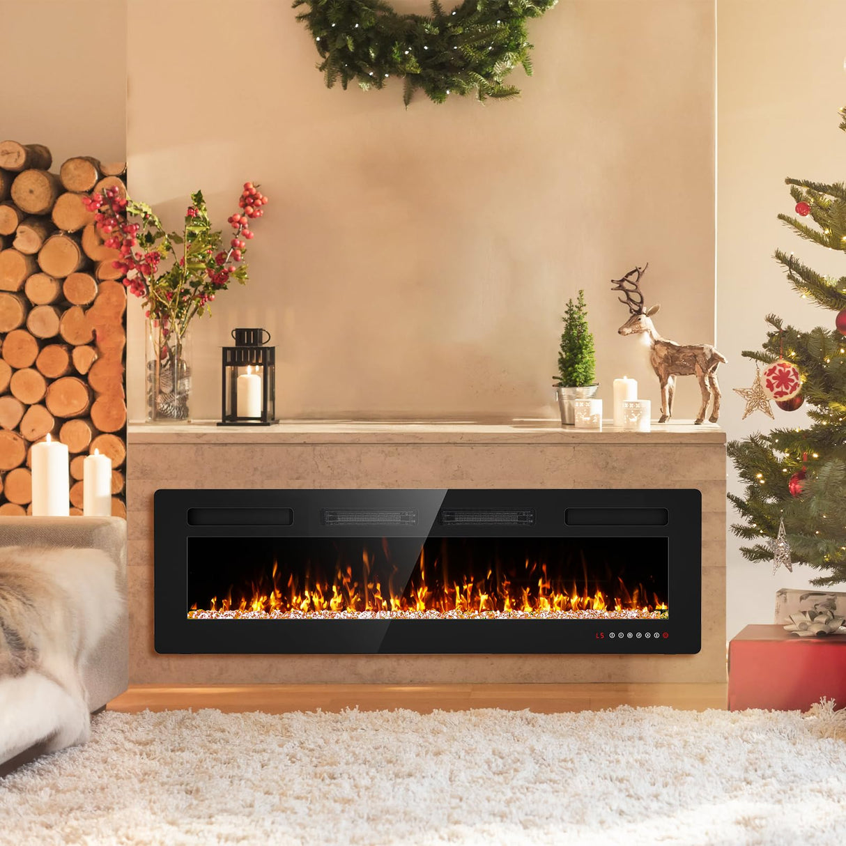 Eueiriup 60” Recessed and Wall Mounted Fire Places Electric Fireplace with Remote Control, Toucn Screen Eueiriup