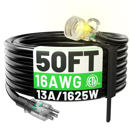 POWGRN 50FT 16 Gauge Black Outdoor Extension Cord Waterproof, 3 Prong Flexible Cold Weatherproof -58℉ Heavy Duty Extension Cord, 13 AMP 1625W SJTW, ETL Listed POWGRN
