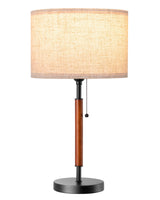 EDISHINE Mid Century Table Lamp, Pull Chain Switch Bedside Lamp with Linen Shade, Solid Wood Pole & Black Metal Base, Modern Nightstand Lamp for Bedroom, Living Room, Office, E26 Base EDISHINE