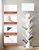 OUTONLIFE 9 Tier Tree Bookshelf with Light, Remote & Timer, Dimmable Tall Floor Standing Lamp, Narrow Wood Bookcase, Small Book Organizer Shelves for Living Room, Bedroom, Home Office (White) OUTONLIFE