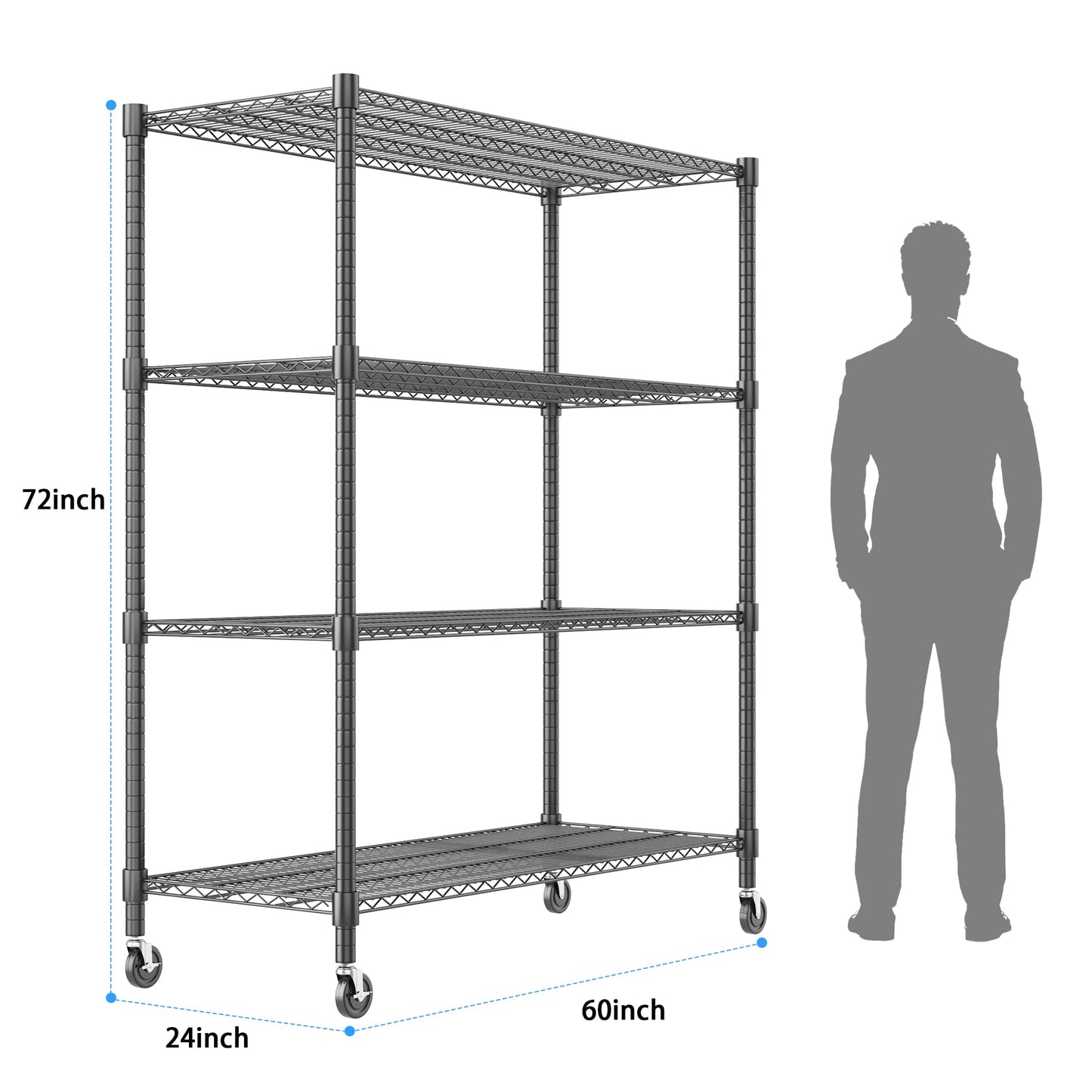 Homdox 60”W Storage Shelves, 4 Tier Heavy Duty Wire Shelving Unit with Wheels, 2400LBS Commercial Adjustable Metal Shelves for Storage, Garage Rack Pantry Shelves Kitchen Shelving, 24"x60"x72", Black