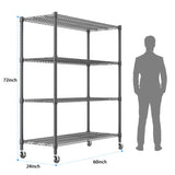 Homdox 60”W Storage Shelves, 4 Tier Heavy Duty Wire Shelving Unit with Wheels, 2400LBS Commercial Adjustable Metal Shelves for Storage, Garage Rack Pantry Shelves Kitchen Shelving, 24"x60"x72", Black Homdox