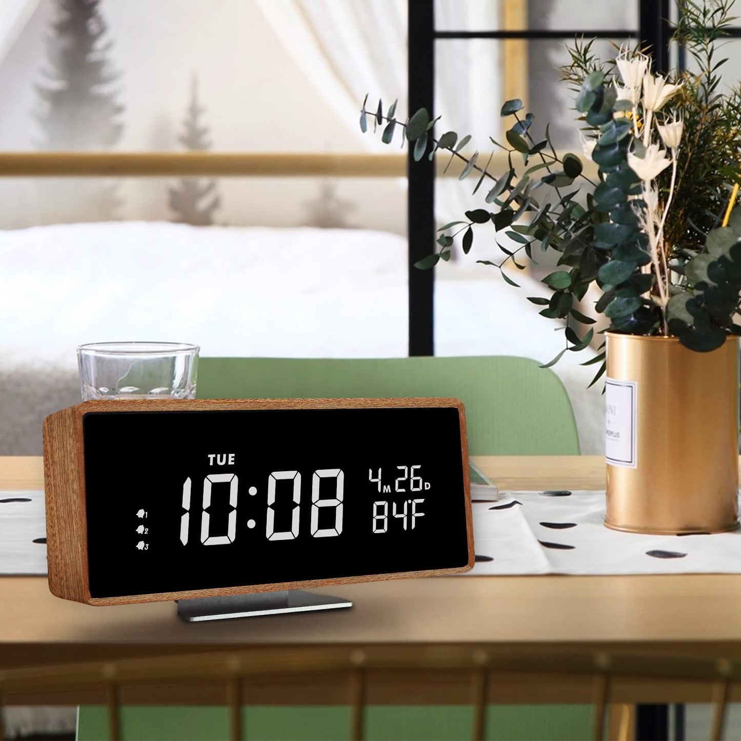 Wood Digital Alarm Clock Wooden Desk Clocks with USB Ports Travel Alarm Small Bedside Table Snooze Alarm Clock with Temperature Minimalistic Room Decor Large Display for Bedroom Farmhouse Bat - WoodArtSupply