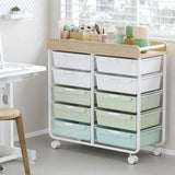 Rolling Storage Cart with 10 Large Drawers, Utility Cart with Wooden TableTop for Craft Organizers, Art Supply Storage, Home Office Organization, Cart with Wheels for Classroom, School, Green SYKIARIOL