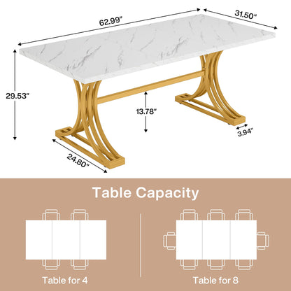 Tribesigns 63-Inch Rectangular Dining Table for 4 to 6, Modern Kitchen Table with Faux Marble Table Top and Stylish Metal Legs, White and Gold Dinner Tables for Dining Room, Kitchen - WoodArtSupply