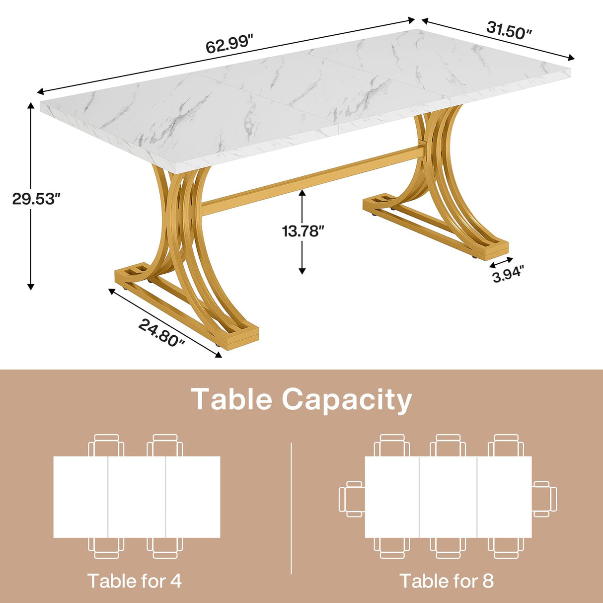 Tribesigns 5FT Conference Table for 4 to 6, 63" W x 31.5" D Modern Meeting Table with Faux Marble Tabletop, White and Gold Business Seminar Tables for Home Office (Faux Marble White+Gold) Tribesigns