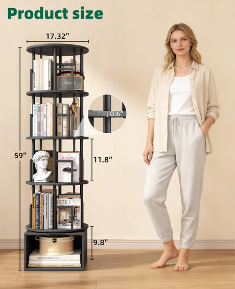 Kalrin 5 Tier Rotating Bookshelf with Extra Storage Cabinet, 360°Spinning Corner Bookshelf, Floor Standing Bookcase for Kids & Adult, Narrow Book Shelf for Bedroom Living Room, Pure Black Kalrin