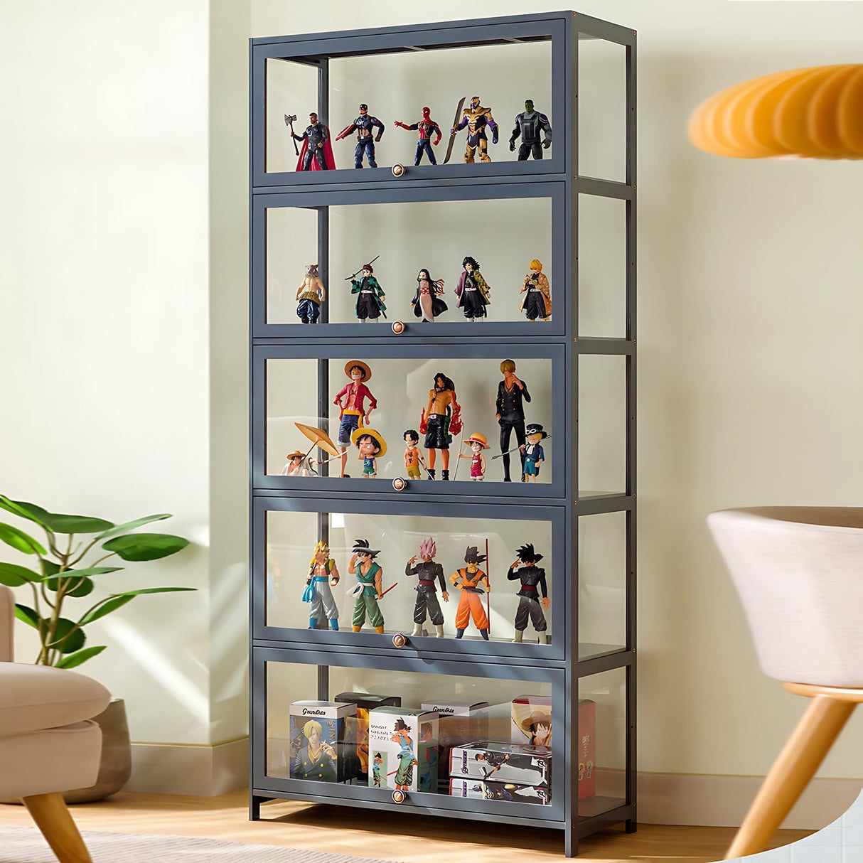 iusyugh 5 Tier Curio Display Cabinet, Storage Shelves with Acrylic Glass Door, Collectibles Toy Organizers Rack & Display Shelf, Kids Bookcase for Bedroom, Reading Nook, Toddler's Room iusyugh