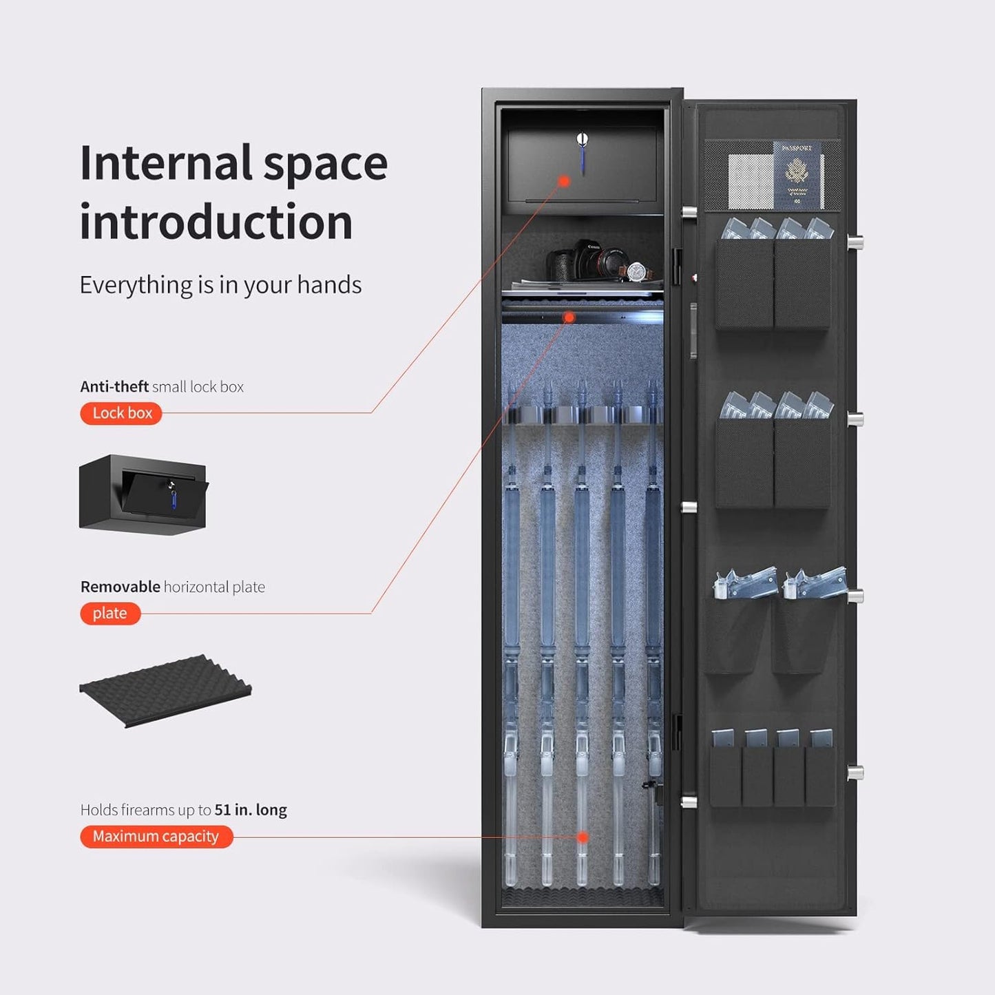 XDeer RS100 5-Gun Biometric Safe for Home Rifles and Pistols, No need to disassemble the gun accessories,Super space, with Power Outlet Kit and Removable Gun Rack, Heavy-Duty Rifle Safe (RS100)