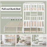 KOTEK Pull-Out Bunk Bed with Trundle, Twin Over Full, Twin Over 2 Twins Bunk Bed with Ladder & Safety Rails Accommodate 4 People, Detachable Solid Wood Bunk Bed for Kids, Adults (White) KOTEK