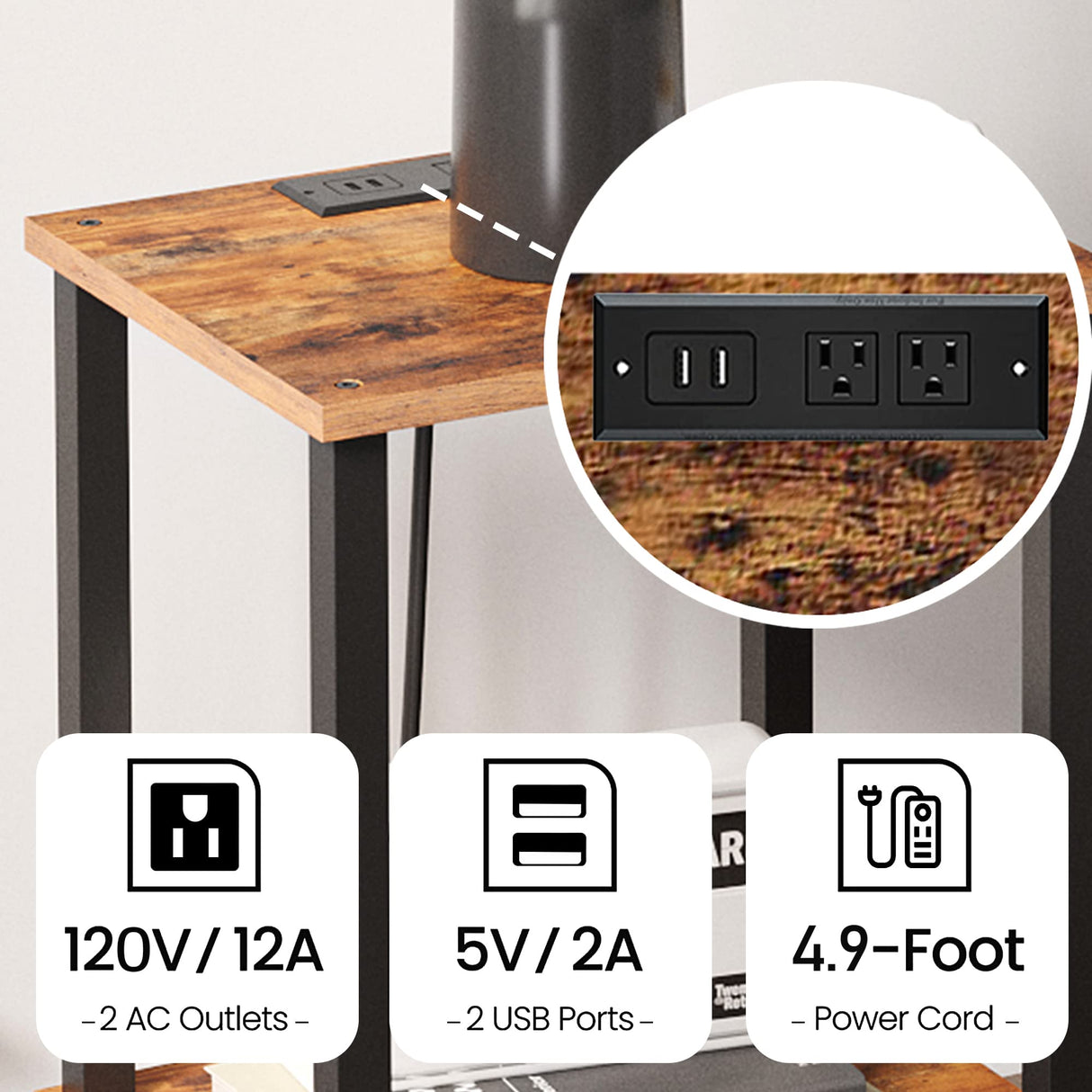 TUTOTAK End Table with Charging Station, Side Table with USB Ports and Outlets, Nightstand, 2-Tier Storage Shelf, Sofa Table for Small Space, 1 Package（2PCS） TB01BB041 TUTOTAK