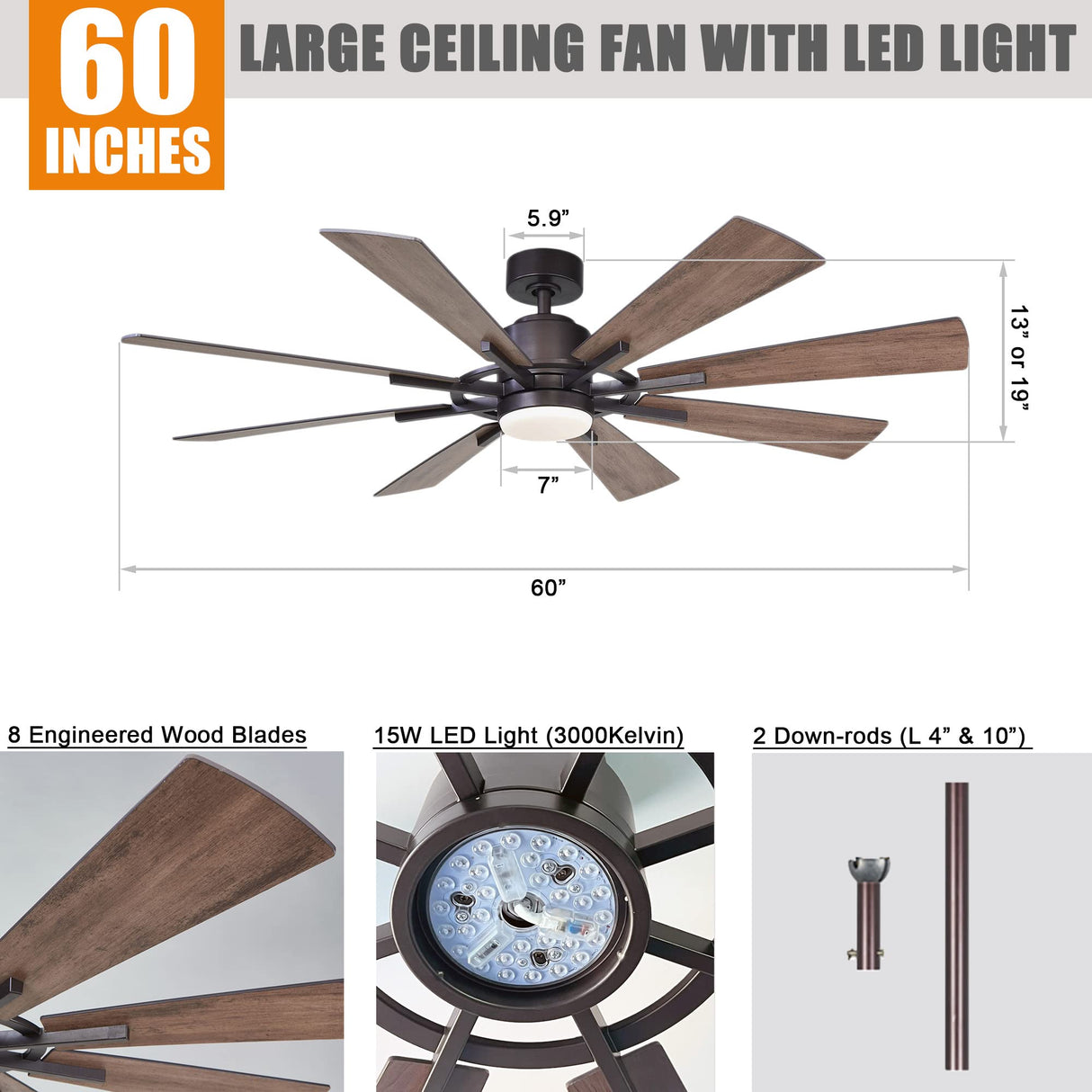 Ceiling Fans with Lights and Remote, 60 Inch Farmhouse Chandelier Ceiling Fan for Bedroom Flush Lighting Ceiling Fans Outdoor Indoor, 8 Reversible Blades DC Motor, Noiseless, ETL, Oil Rubbed Bronze Parrot Uncle