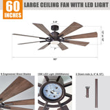 Ceiling Fans with Lights and Remote, 60 Inch Farmhouse Chandelier Ceiling Fan for Bedroom Flush Lighting Ceiling Fans Outdoor Indoor, 8 Reversible Blades DC Motor, Noiseless, ETL, Oil Rubbed Bronze Parrot Uncle