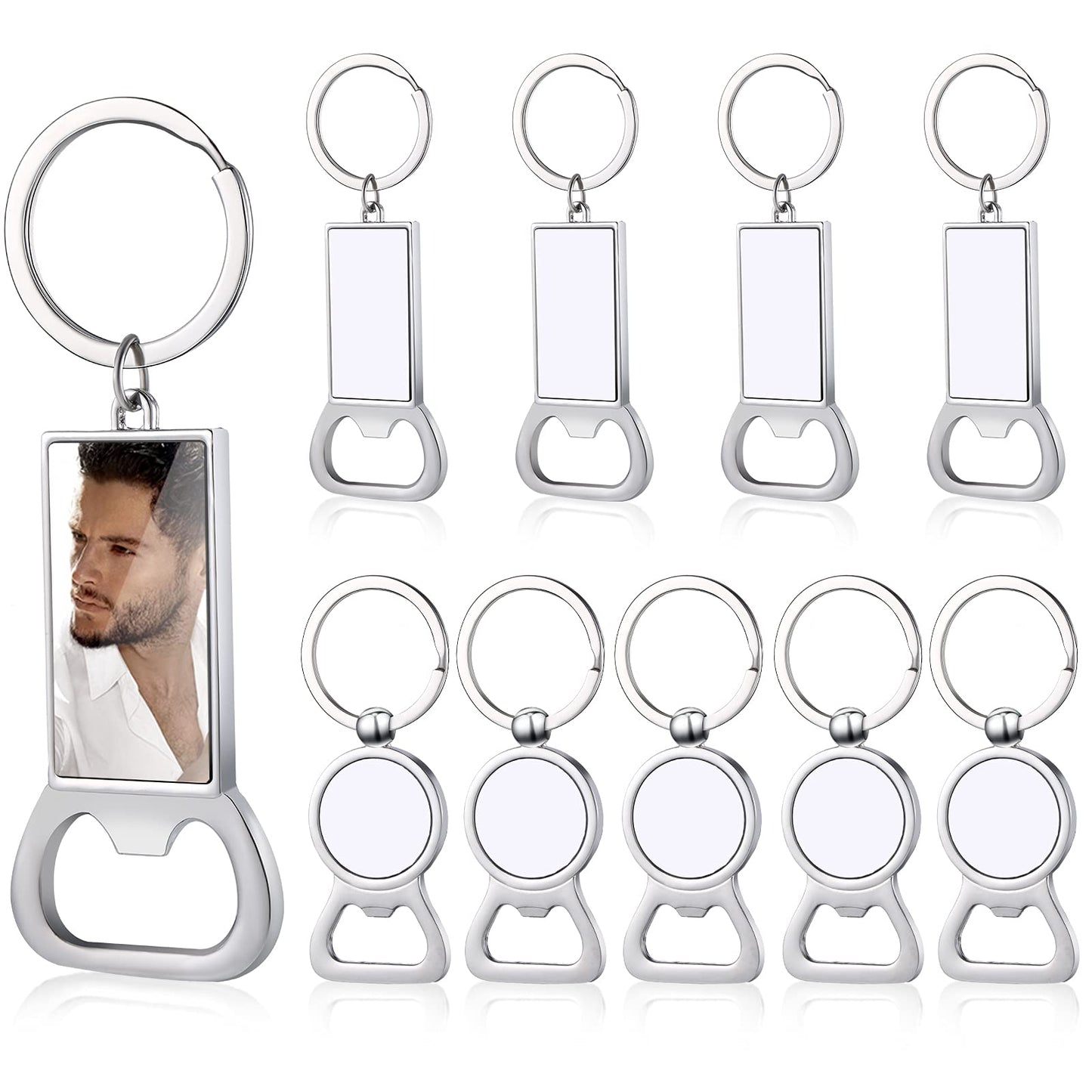 Patelai 10 Pieces Sublimation Blank Keychains Sublimation Metal Blank Bottle Opener Keychains Aluminum Heat Transfer Sublimation Key Rings Customized Sublimation Photos (Round, Rectangle)