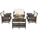 Tangkula 8 Pieces Patio Furniture Set, Outdoor PE Wicker Conversation Set with 2-Tier Coffee Table, Acacia Wood Tabletop & Extra Storage Shelf, Outdoor Furniture Sofa Set w/Cushions (2, Off White) Tangkula