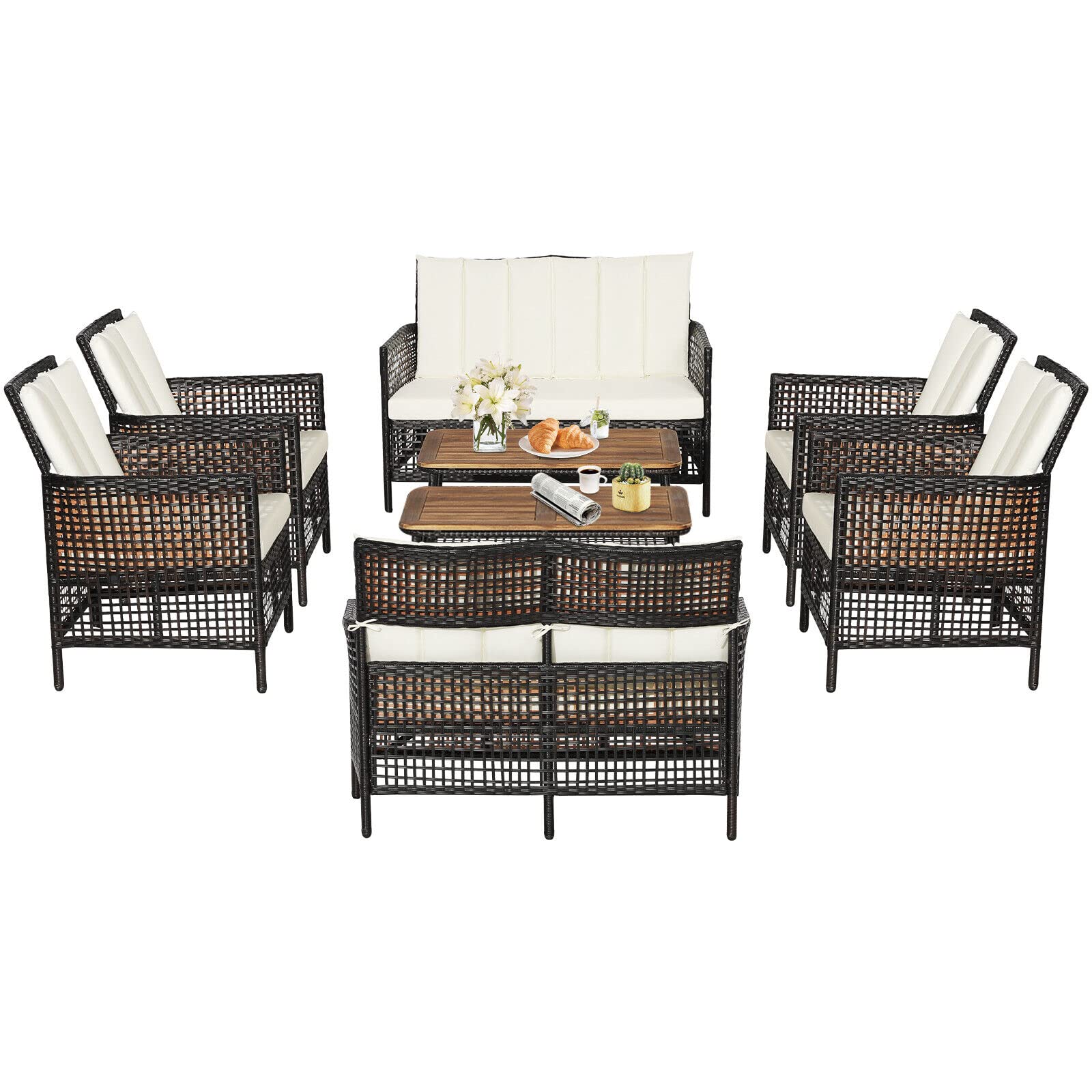 Tangkula 8 Pieces Patio Furniture Set, Outdoor PE Wicker Conversation Set with 2-Tier Coffee Table, Acacia Wood Tabletop & Extra Storage Shelf, Outdoor Furniture Sofa Set w/Cushions (2, Off W - WoodArtSupply