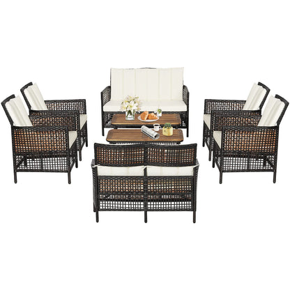 Tangkula 8 Pieces Patio Furniture Set, Outdoor PE Wicker Conversation Set with 2-Tier Coffee Table, Acacia Wood Tabletop & Extra Storage Shelf, Outdoor Furniture Sofa Set w/Cushions (2, Off W - WoodArtSupply