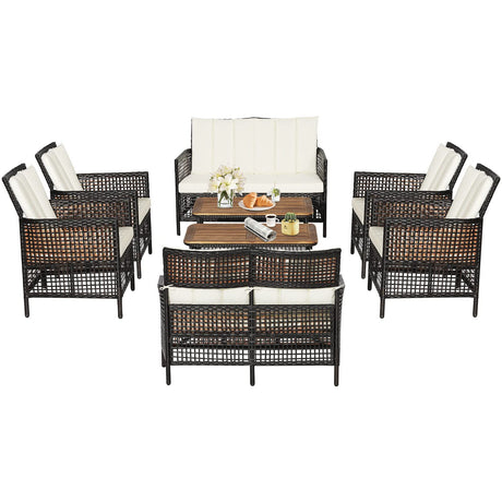 Tangkula 8 Pieces Patio Furniture Set, Outdoor PE Wicker Conversation Set with 2-Tier Coffee Table, Acacia Wood Tabletop & Extra Storage Shelf, Outdoor Furniture Sofa Set w/Cushions (2, Off White) Tangkula
