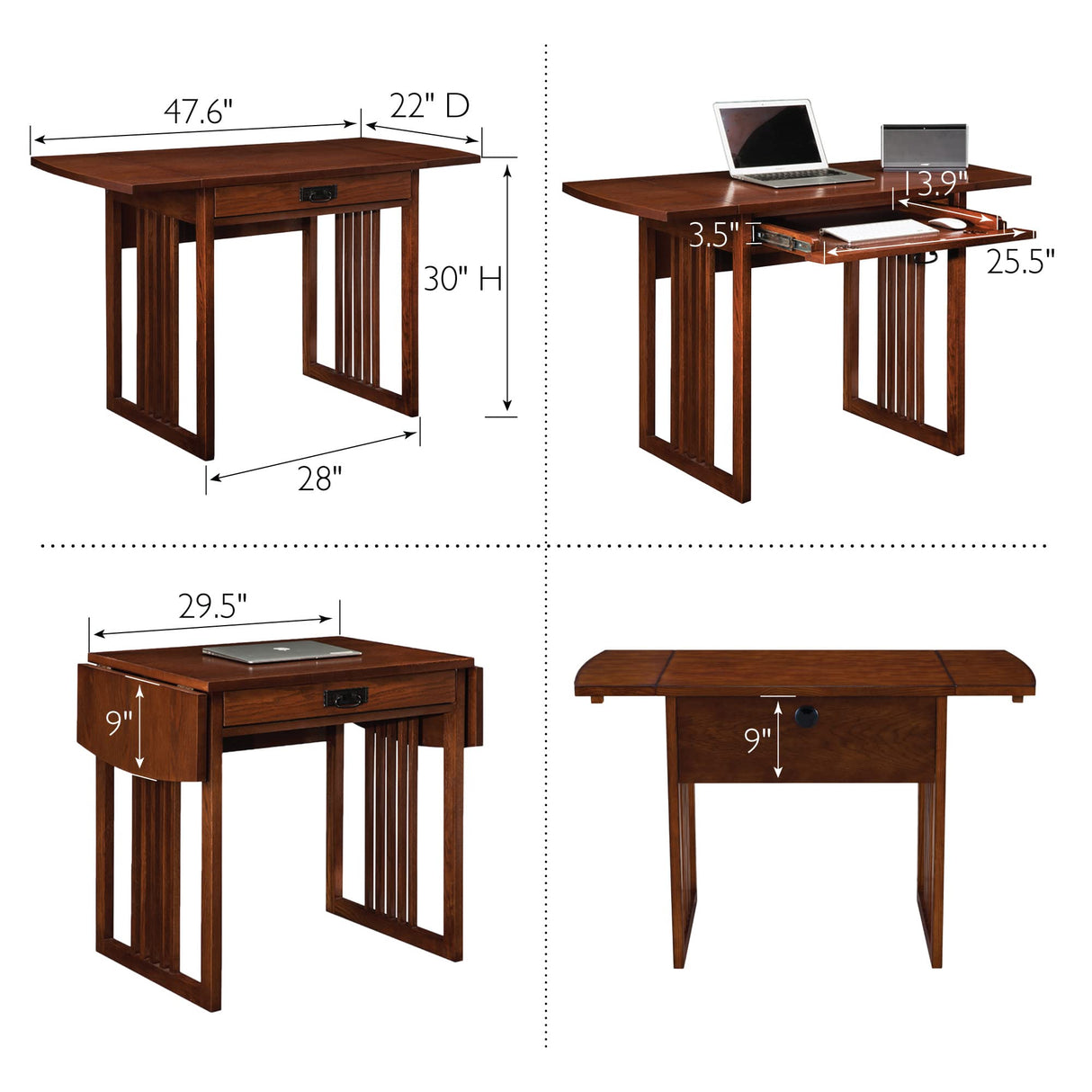 Leick Home 82420 Mission Writing Computer Desk, Drop Leaf Folding Top, Made with Solid Wood, for Home Office Workstation, Mission Oak Finish Leick Home