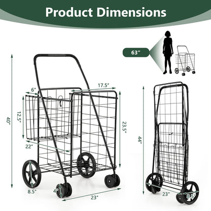 Goplus Jumbo Folding Shopping Cart with Rolling Swivel Wheels, Foldable Grocery Cart on Wheels with Double Basket, Heavy Duty Utility Cart, Shopping Carts for Groceries Laundry Book Luggage Travel