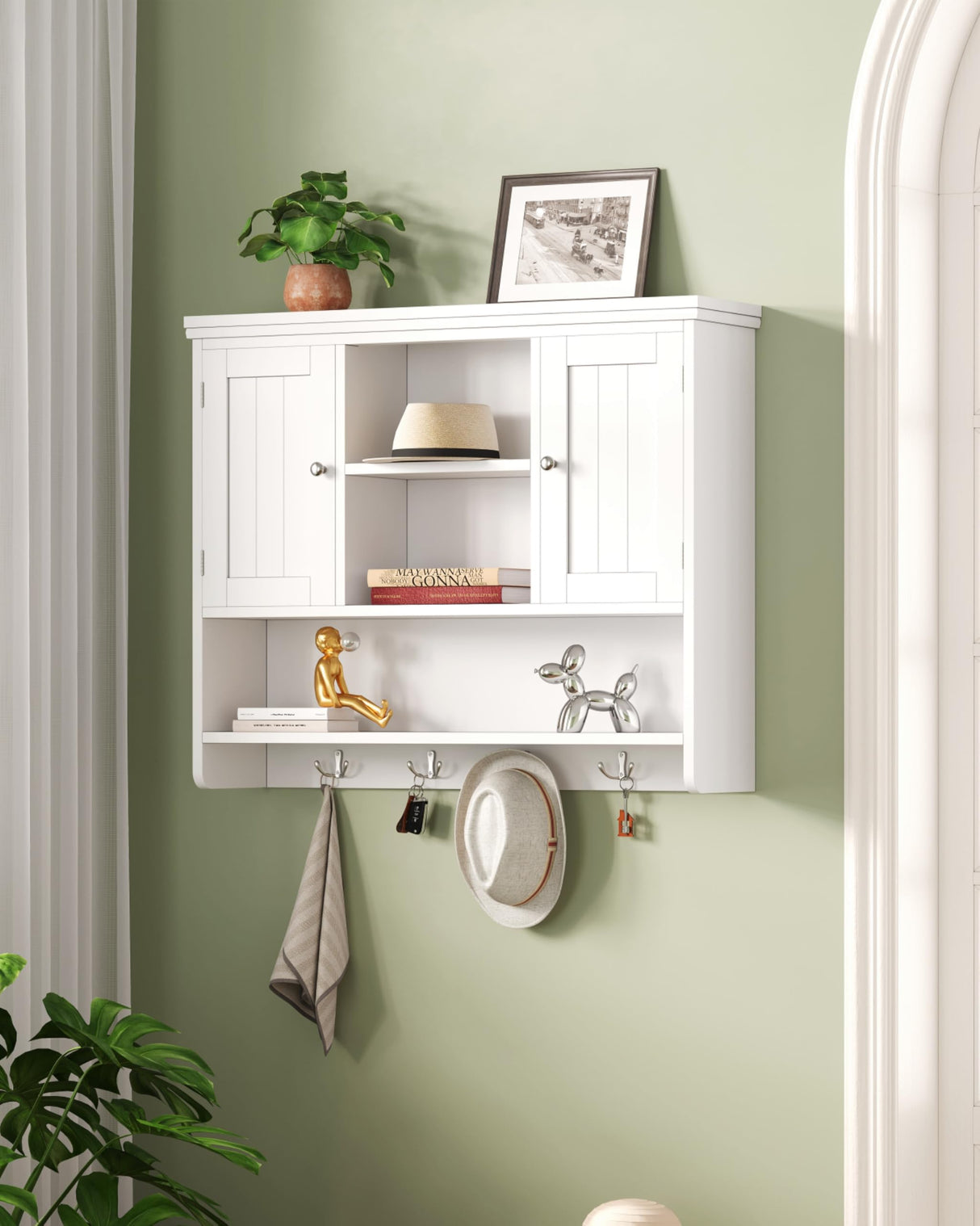 Irontar 31.5" L Large Medicine Cabinet with 4 Hooks, Wooden Bathroom Wall Cabinet with Shelf, Modern Hanging Cabinet Over Toilet, Lined Door, for Living Room, Entryway, Kitchen, White Irontar