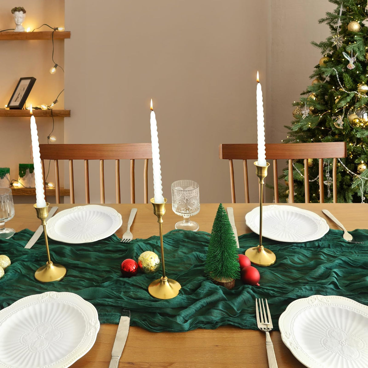 Christmas Table Runner, 10FT Cheesecloth Emerald Green Table Runners 35*120inch Rustic Boho Table Runner for Christmas Indoor Home Kitchen Table Party Decorations Miucat