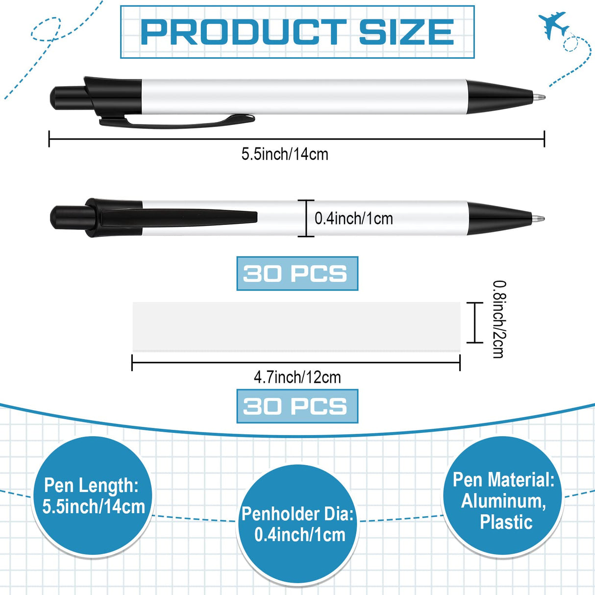 Yexiya Sublimation Pens Blank Heat Transfer Pen Sublimation Ballpoint Pen with Shrink Wrap White Aluminum Customized Clip Pen School Supplies for Christmas Office School Stationery Supplies (30 Sets) Yexiya