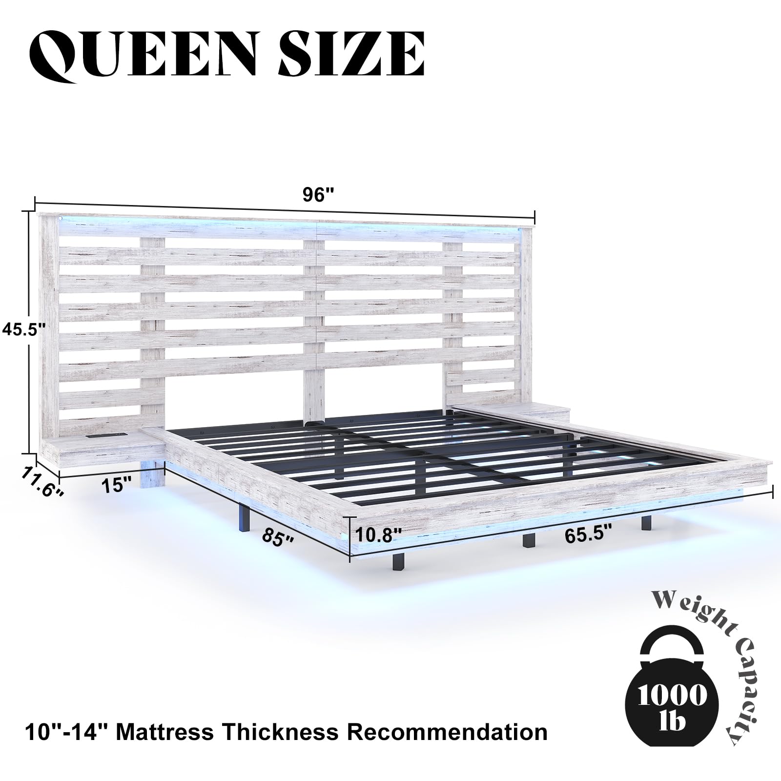 AMERLIFE Distressed White Floating Queen Bed Frame with Integrated Nightstands, LED Lights & Charging Station - WoodArtSupply