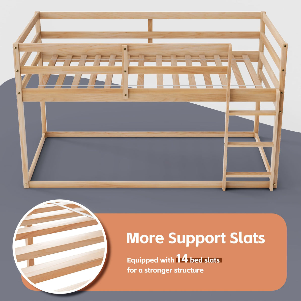 TOLEAD Low Bunk Bed Twin Over Twin, Floor Bunk Bed with Ladder, Twin Bunk Bed with Full Guardrails, Wooden Bunk Bed for Juniors, Boys, Girls, Kids, Bedrooms (Natural) TOLEAD