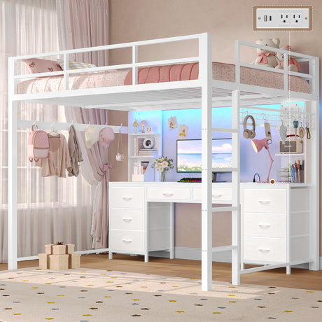 BTHFST Loft Bed with Desk, Full Metal Loft Bed with 8 Drawers Storage & Charging Station & LED Lights, 4 Open Storage Shelves, Noise-Free, Space-Saving, No Box Spring Needed BTHFST