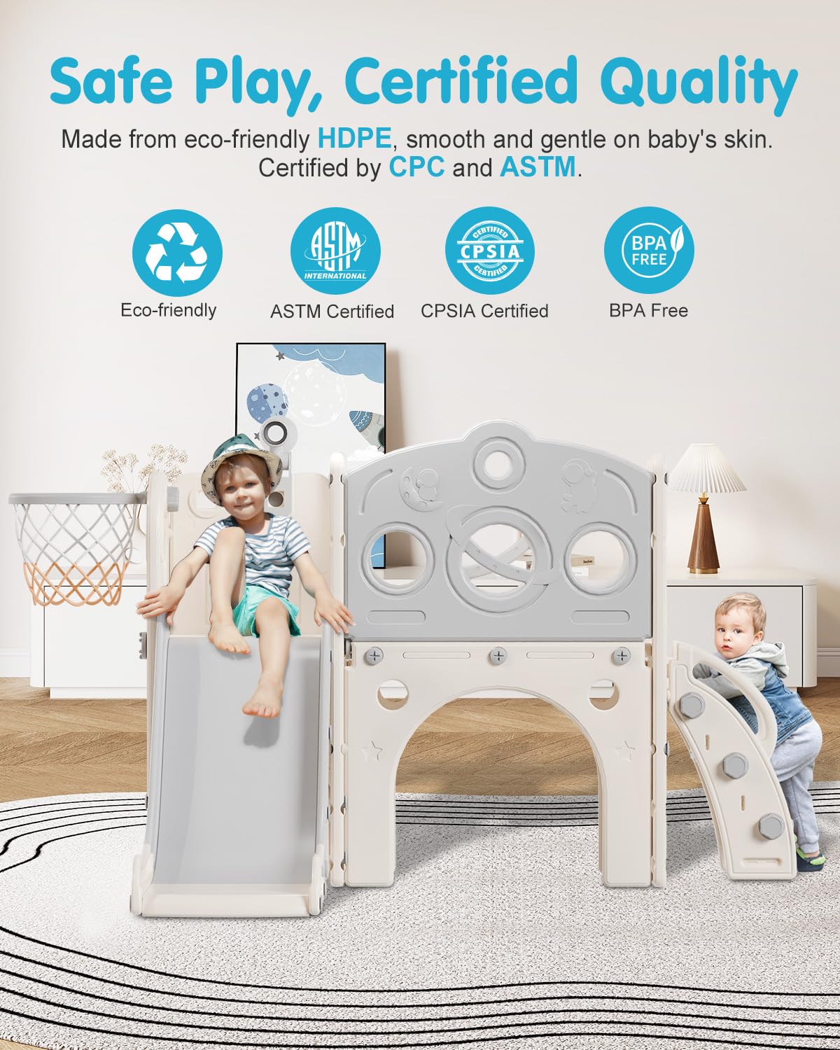 Babytronic Toddler Slide, 8 in 1 Kids Slide with Basketball Hoop, Telescope and Climber, Baby Slide Toddler Playground, Indoor Outdoor Playset for Toddlers Age 1-3, Kids Indoor Playground (White&Gray) Babytronic