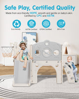 Babytronic Toddler Slide, 8 in 1 Kids Slide with Basketball Hoop, Telescope and Climber, Baby Slide Toddler Playground, Indoor Outdoor Playset for Toddlers Age 1-3, Kids Indoor Playground (White&Gray) Babytronic