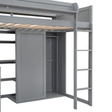 Space-Saving Twin Size Loft Bed with Desk, Wardrobe, and Storage Shelves in Gray Brabrety